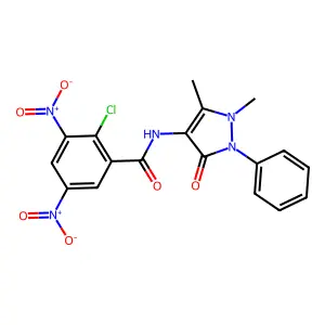 2-chloro-N-(1,5-dimethyl-3-oxo-2-phenylpyrazol-4-yl)-3,5-dinitrobenzamide structure