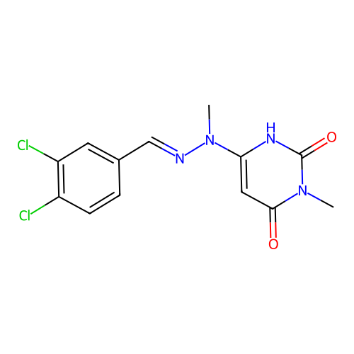 6-[(2E)-2-(3,4-dichlorobenzylidene)-1-methylhydrazinyl]-3-methylpyrimidine-2,4(1H,3H)-dione structure