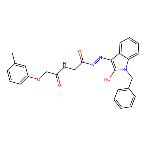 N-[(1-benzyl-2-oxo-indol-3-ylidene)amino]-2-[[2-(3-methylphenoxy)acetyl]amino]acetamide structure