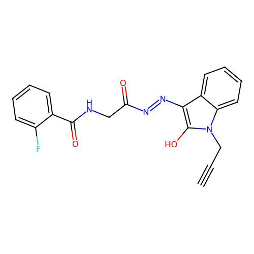 2-fluoro-N-[2-oxo-2-[2-(2-oxo-1-prop-2-ynylindol-3-ylidene)hydrazinyl]ethyl]benzamide structure