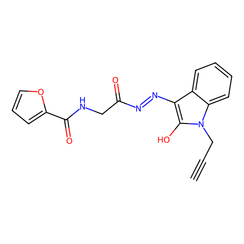 N-[2-oxo-2-[2-(2-oxo-1-prop-2-ynylindol-3-ylidene)hydrazinyl]ethyl]furan-2-carboxamide structure