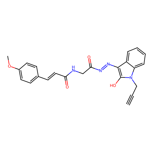 (2E)-3-(4-methoxyphenyl)-N-(2-oxo-2-{(2Z)-2-[2-oxo-1-(prop-2-yn-1-yl)-1,2-dihydro-3H-indol-3-ylidene]hydrazinyl}ethyl)prop-2-enamide (non-preferred name) structure