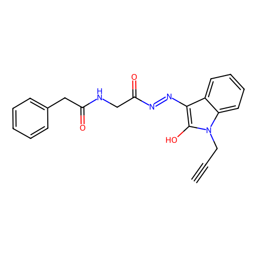 N-[2-oxo-2-[2-(2-oxo-1-prop-2-ynylindol-3-ylidene)hydrazinyl]ethyl]-2-phenylacetamide structure