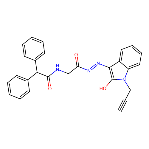 N-[[(2-oxo-1-prop-2-ynyl-indol-3-ylidene)amino]carbamoylmethyl]-2,2-diphenyl-acetamide structure