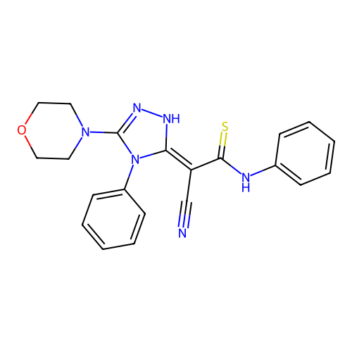 (2Z)-2-cyano-2-(3-morpholin-4-yl-4-phenyl-1H-1,2,4-triazol-5-ylidene)-N-phenylethanethioamide structure