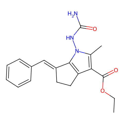ethyl 1-(carbamoylamino)-2-methyl-6-(phenylmethylidene)-1H,4H,5H,6H-cyclopenta[b]pyrrole-3-carboxylate structure