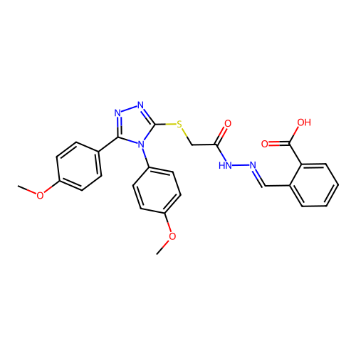 (E)-2-((2-(2-((4,5-bis(4-methoxyphenyl)-4H-1,2,4-triazol-3-yl)thio)acetyl)hydrazono)methyl)benzoic acid structure
