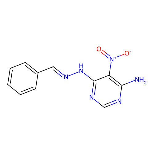 (E)-6-(2-benzylidenehydrazinyl)-5-nitropyrimidin-4-amine structure