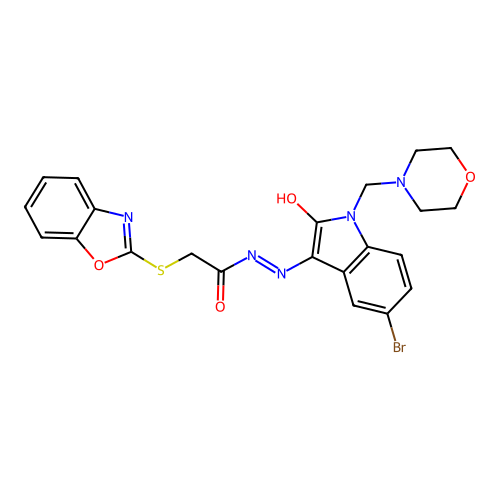 (E)-2-(benzo[d]oxazol-2-ylthio)-N'-(5-bromo-1-(morpholinomethyl)-2-oxoindolin-3-ylidene)acetohydrazide structure