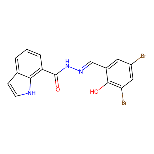 N-[(3,5-dibromo-2-hydroxyphenyl)methylideneamino]-1H-indole-7-carboxamide structure