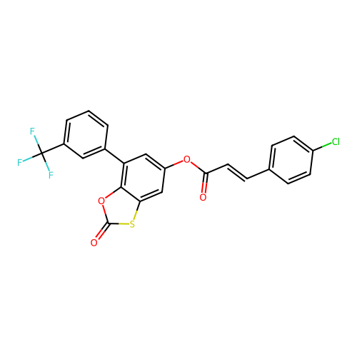 (E)-2-oxo-7-(3-(trifluoromethyl)phenyl)benzo[d][1,3]oxathiol-5-yl 3-(4-chlorophenyl)acrylate structure
