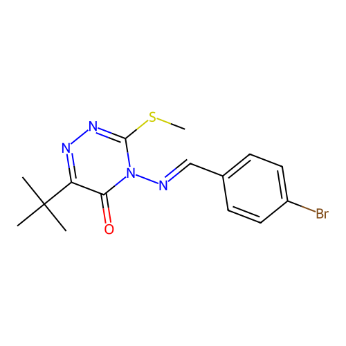 (E)-4-((4-bromobenzylidene)amino)-6-(tert-butyl)-3-(methylthio)-1,2,4-triazin-5(4H)-one structure