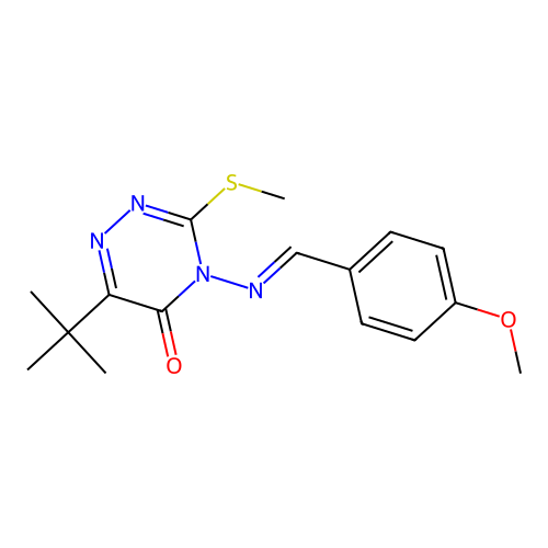 (E)-6-(tert-butyl)-4-((4-methoxybenzylidene)amino)-3-(methylthio)-1,2,4-triazin-5(4H)-one structure
