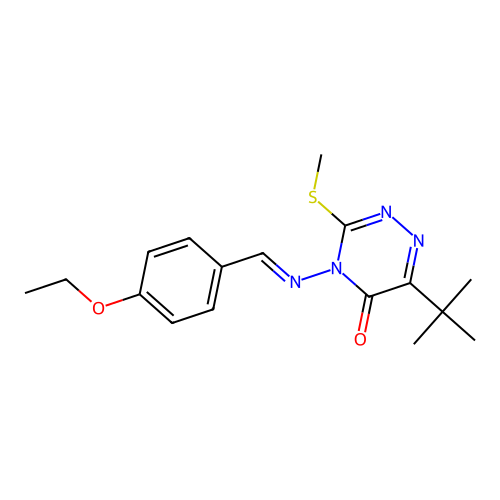 4-[(1E)-2-(4-ethoxyphenyl)-1-azavinyl]-6-(tert-butyl)-3-methylthio-1,2,4-triaz in-5-one structure