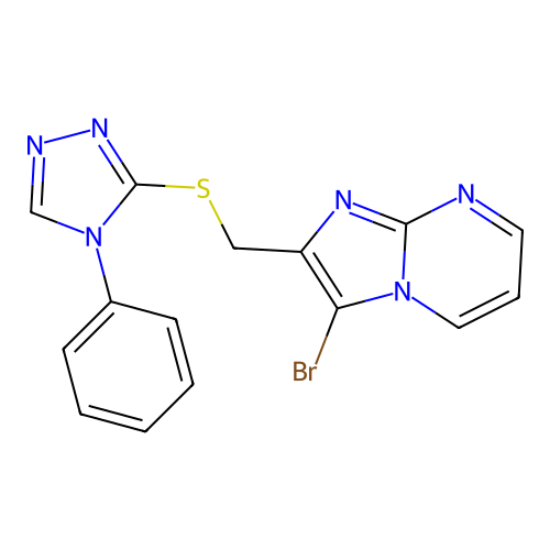 3-bromo-2-(((4-phenyl-4H-1,2,4-triazol-3-yl)thio)methyl)imidazo[1,2-a]pyrimidine structure