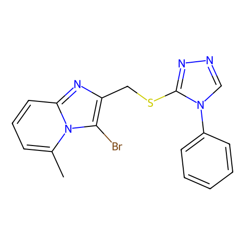 3-bromo-5-methyl-2-(((4-phenyl-4H-1,2,4-triazol-3-yl)thio)methyl)imidazo[1,2-a]pyridine structure