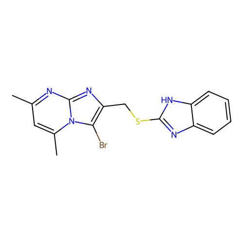 2-(((1H-benzo[d]imidazol-2-yl)thio)methyl)-3-bromo-5,7-dimethylimidazo[1,2-a]pyrimidine structure