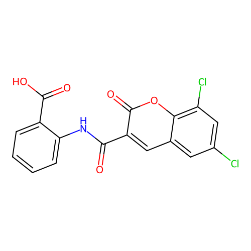 2-{[(6,8-dichloro-2-oxo-2H-chromen-3-yl)carbonyl]amino}benzoic acid structure