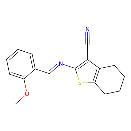 2-[(2-methoxybenzylidene)amino]-4,5,6,7-tetrahydro-1-benzothiophene-3-carbonitrile structure