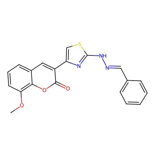 (E)-3-(2-(2-benzylidenehydrazinyl)thiazol-4-yl)-8-methoxy-2H-chromen-2-one structure