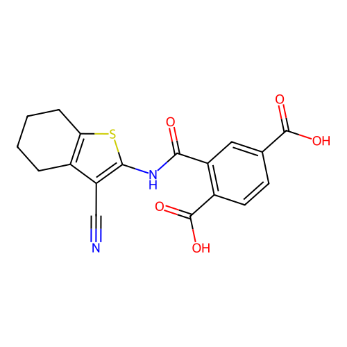 2-((3-cyano-4,5,6,7-tetrahydrobenzo[b]thiophen-2-yl)carbamoyl)terephthalic acid structure