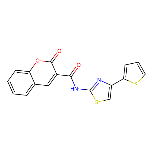 2-Oxo-2H-chromene-3-carboxylic acid (4-thiophen-2-yl-thiazol-2-yl)-amide structure