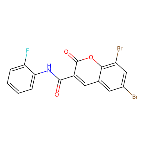 6,8-dibromo-N-(2-fluorophenyl)-2-oxo-2H-chromene-3-carboxamide structure