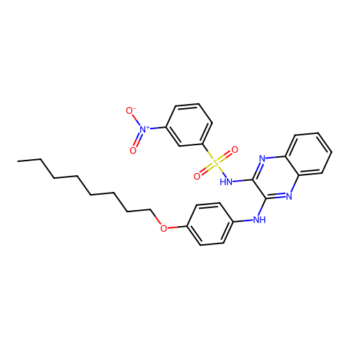 3-nitro-N-(3-((4-(octyloxy)phenyl)amino)quinoxalin-2-yl)benzenesulfonamide structure