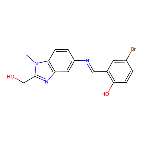 (E)-4-bromo-2-(((2-(hydroxymethyl)-1-methyl-1H-benzo[d]imidazol-5-yl)imino)methyl)phenol structure