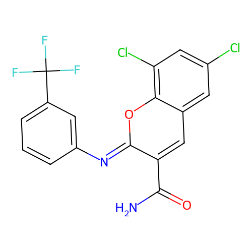 (2Z)-6,8-dichloro-2-{[3-(trifluoromethyl)phenyl]imino}-2H-chromene-3-carboxamide structure