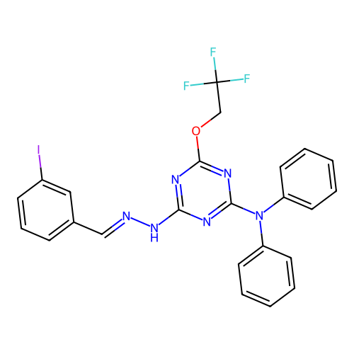3-iodobenzaldehyde [4-(diphenylamino)-6-(2,2,2-trifluoroethoxy)-1,3,5-triazin-2-yl]hydrazone structure