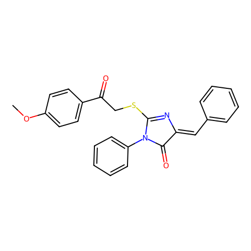 (5Z)-5-benzylidene-2-[2-(4-methoxyphenyl)-2-oxoethyl]sulfanyl-3-phenylimidazol-4-one structure