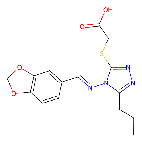 (E)-2-((4-((benzo[d][1,3]dioxol-5-ylmethylene)amino)-5-propyl-4H-1,2,4-triazol-3-yl)thio)acetic acid structure