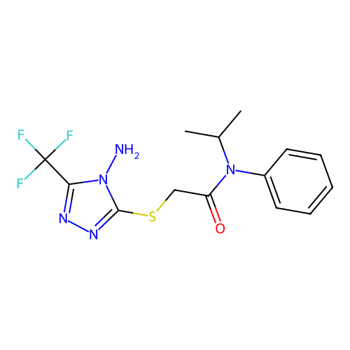 2-((4-amino-5-(trifluoromethyl)-4H-1,2,4-triazol-3-yl)thio)-N-isopropyl-N-phenylacetamide structure