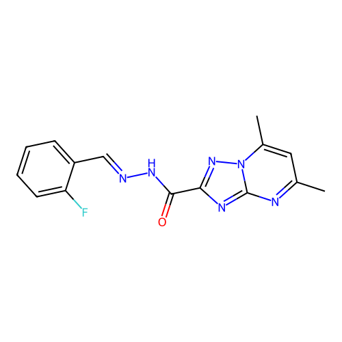N-[(E)-(2-fluorophenyl)methylideneamino]-5,7-dimethyl-[1,2,4]triazolo[1,5-a]pyrimidine-2-carboxamide structure