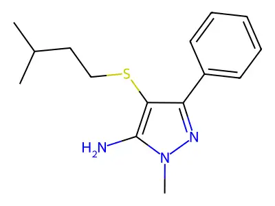 1-Methyl-3-phenyl-4-(3'-methyl)butylthio-5-aminopyrazole structure