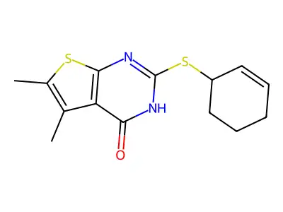 2-(2-cyclohexen-1-ylsulfanyl)-5,6-dimethylthieno[2,3-d]pyrimidin-4(3H)-one structure