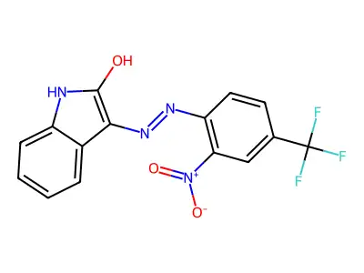 (Z)-3-(2-(2-nitro-4-(trifluoromethyl)phenyl)hydrazono)indolin-2-one structure