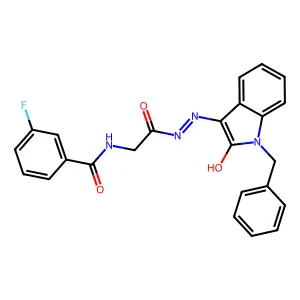 N-[2-[(1-benzyl-2-hydroxyindol-3-yl)diazenyl]-2-oxoethyl]-3-fluorobenzamide structure
