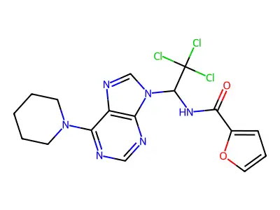 N-{2,2,2-trichloro-1-[6-(piperidin-1-yl)-9H-purin-9-yl]ethyl}furan-2-carboxamide structure
