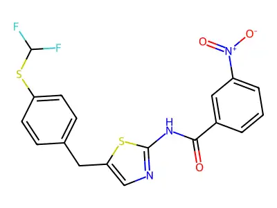 N-[5-[[4-(difluoromethylsulfanyl)phenyl]methyl]-1,3-thiazol-2-yl]-3-nitrobenzamide structure