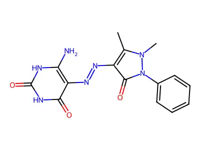 6-amino-5-[2-(1,5-dimethyl-3-oxo-2-phenyl-2,3-dihydro-1H-pyrazol-4-yl)hydrazin-1-ylidene]-2-hydroxy-4,5-dihydropyrimidin-4-one structure