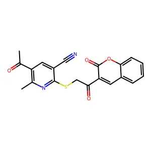 5-acetyl-6-methyl-2-((2-oxo-2-(2-oxo-2H-chromen-3-yl)ethyl)thio)nicotinonitrile structure