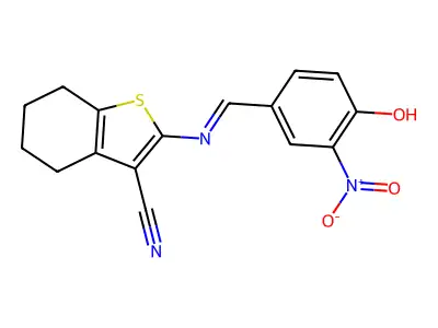 2-[(Z)-[(4-hydroxy-3-nitrophenyl)methylidene]amino]-4,5,6,7-tetrahydro-1-benzothiophene-3-carbonitrile structure