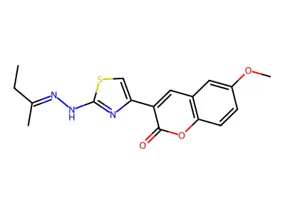 3-[2-[(2Z)-2-butan-2-ylidenehydrazinyl]-1,3-thiazol-4-yl]-6-methoxychromen-2-one structure