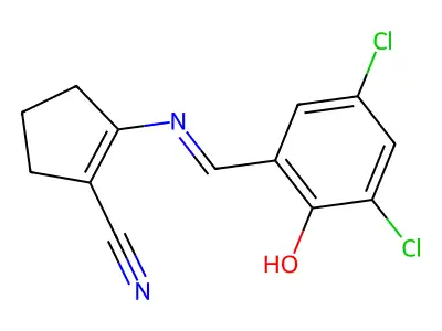 (E)-2-((3,5-dichloro-2-hydroxybenzylidene)amino)cyclopent-1-enecarbonitrile structure