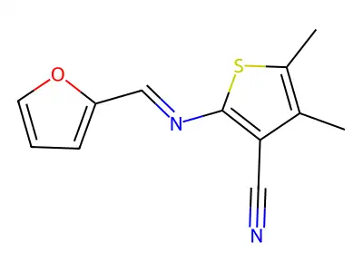 2-[(E)-[(furan-2-yl)methylidene]amino]-4,5-dimethylthiophene-3-carbonitrile structure