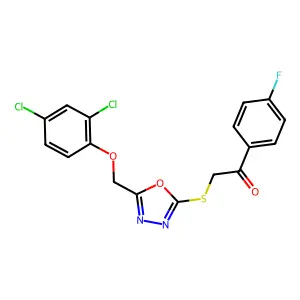 2-({5-[(2,4-dichlorophenoxy)methyl]-1,3,4-oxadiazol-2-yl}sulfanyl)-1-(4-fluorophenyl)ethanone structure