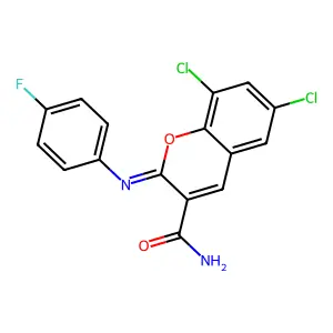 (2Z)-6,8-dichloro-2-[(4-fluorophenyl)imino]-2H-chromene-3-carboxamide structure