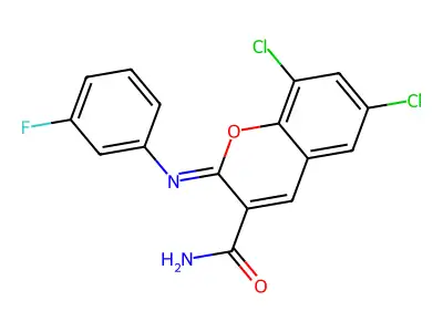 (2Z)-6,8-dichloro-2-[(3-fluorophenyl)imino]-2H-chromene-3-carboxamide structure